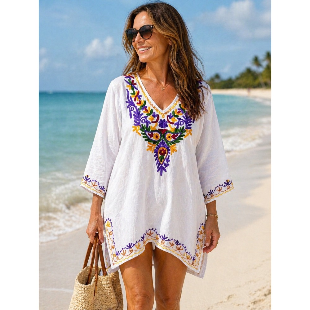 California Woman White Embroidered Cotton Tunic Kaftan Top Plus Size 2X Boho